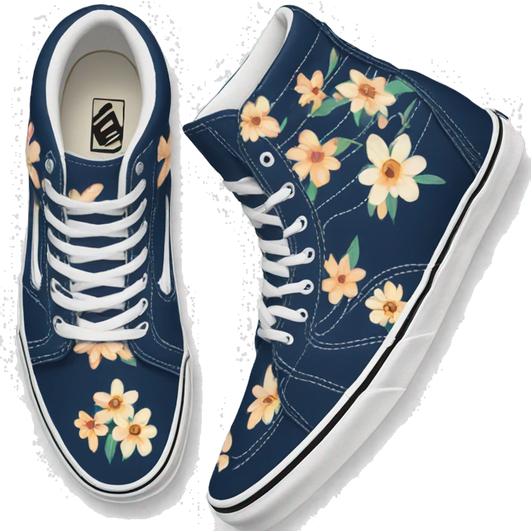 pair of navy blue Vans shoes, high top, with flower pattern emoji