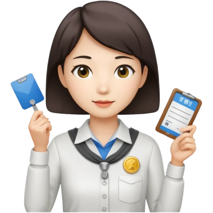 A Korean short-haired female tour guide is wearing a white shirt and holding her guide license in one hand, which is a horizontal card. emoji