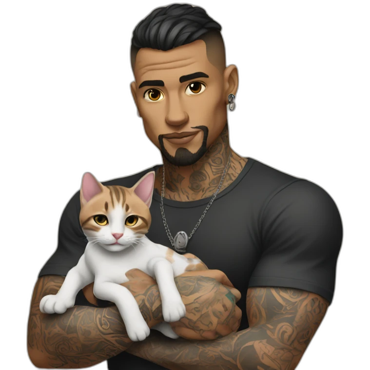 tattooed man with a baby cat in her hand emoji