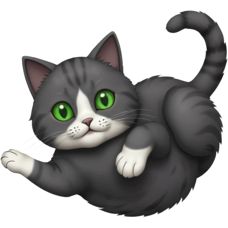 solid dark grey cat with green eyes, completely solid grey face, white toes/paws playing rolling upside down emoji