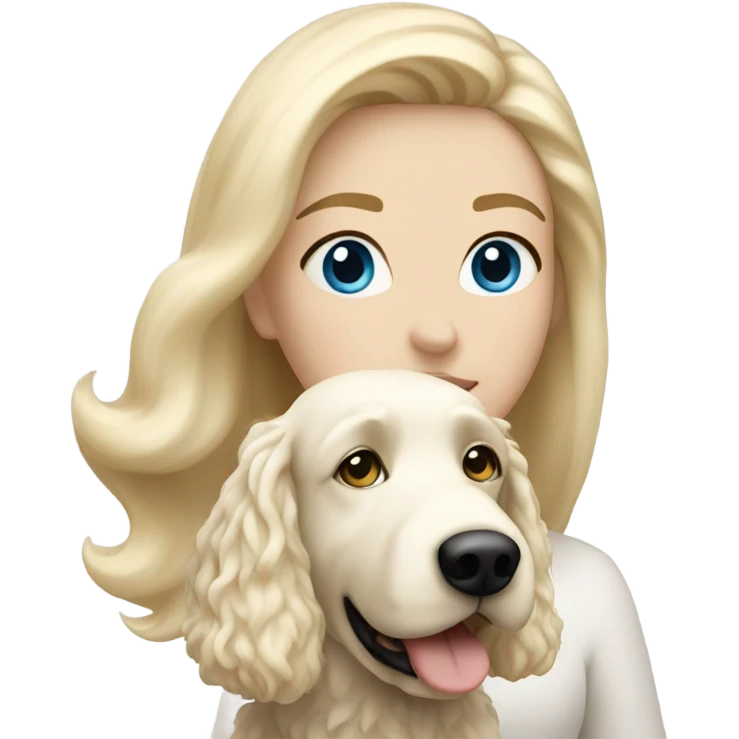 White lady with blonde hair and blue eyes and her white golden doodle dog emoji