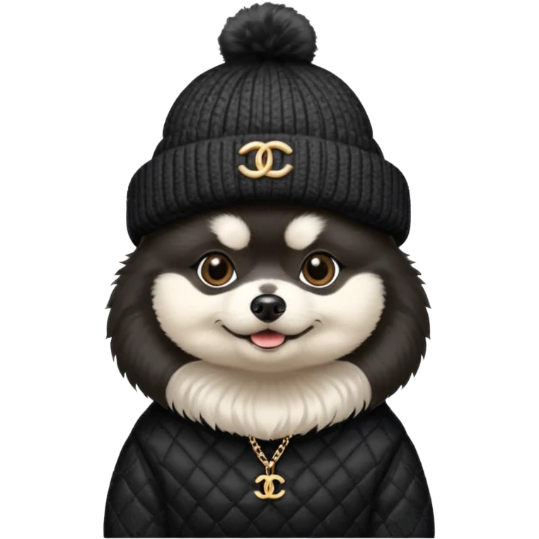 Black and white pomeranian wearing coco chanel Sweater and hat emoji