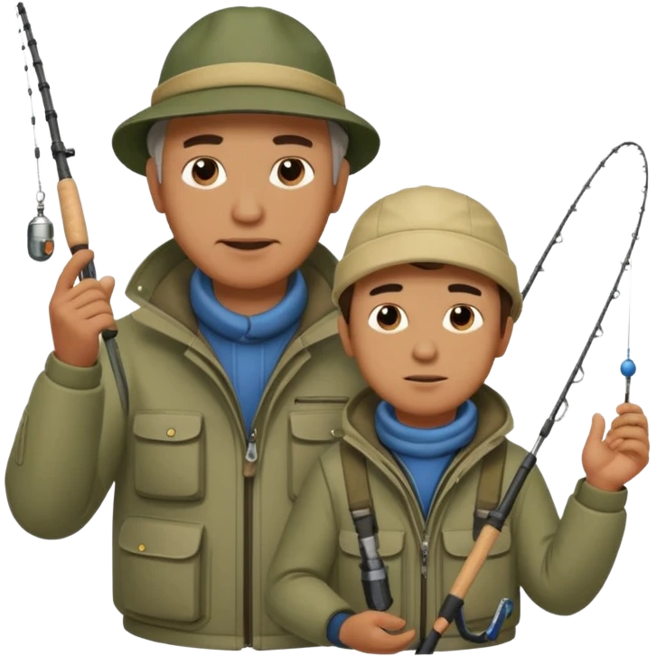 Father and son in fishing gear gesturing that they are cold emoji