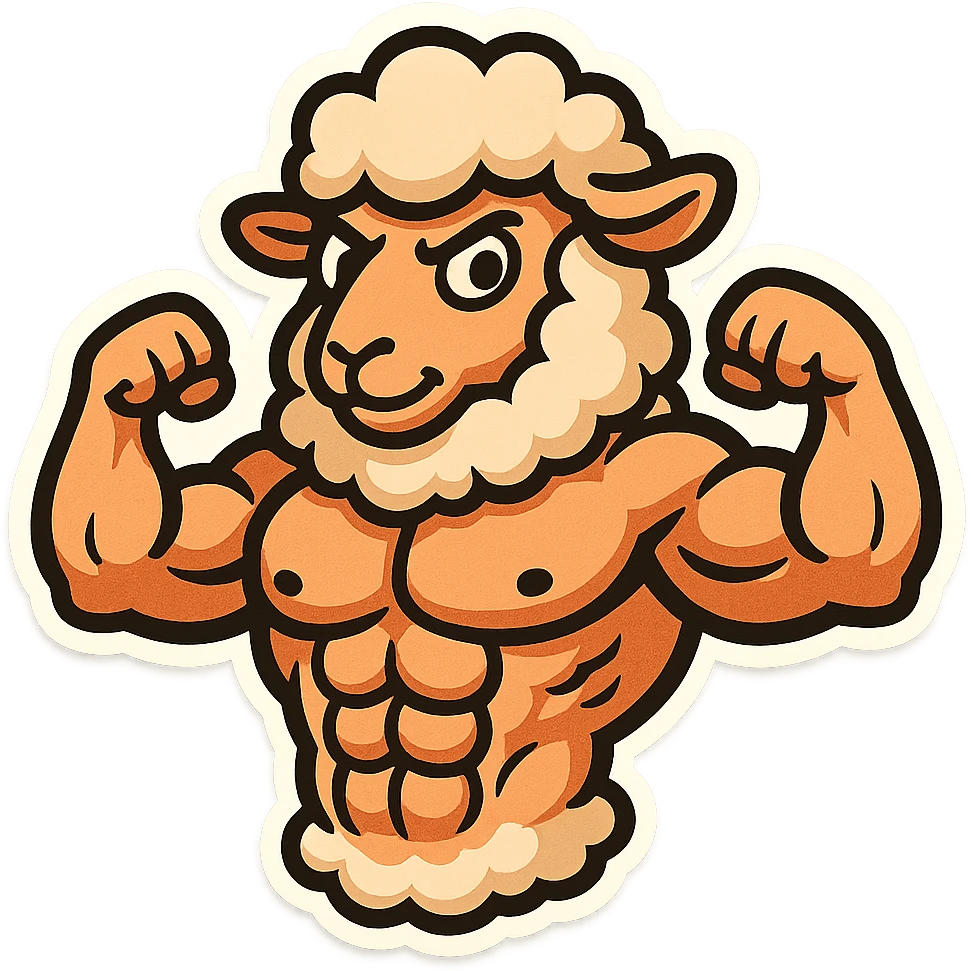 Create a buff sheep with visible 6 pack abs in a cartoonish sticker style. The style should resemble cartoonish stickers with bold outlines and vibrant colors. emoji