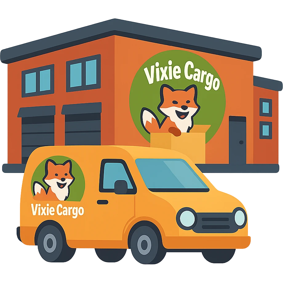 Remove the stroke or outline from the parcel warehouse building emoji with the Vixie Cargo logo and delivery van, keep the color scheme and no background. emoji