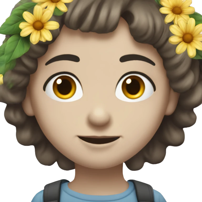 Un chico dándole un ramo de flores a una chica con flequillo emoji