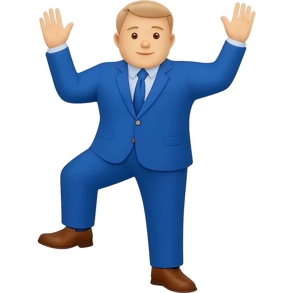 Make the white man in a blue suit and shoes with one hand raised bigger framed with broader shoulders and a more robust build, keep no background. emoji