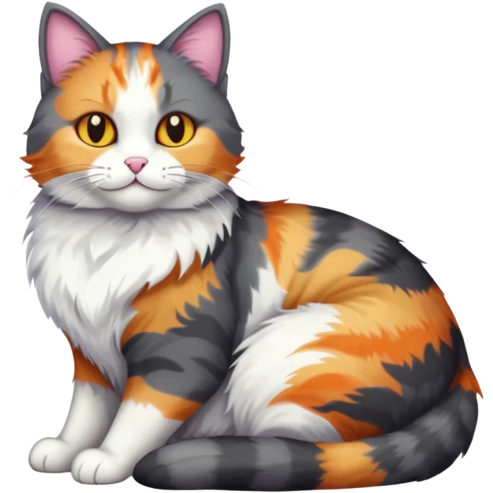 full body large dark grey and white cat cuddling a colourful light patched calico + white tabby cat  emoji