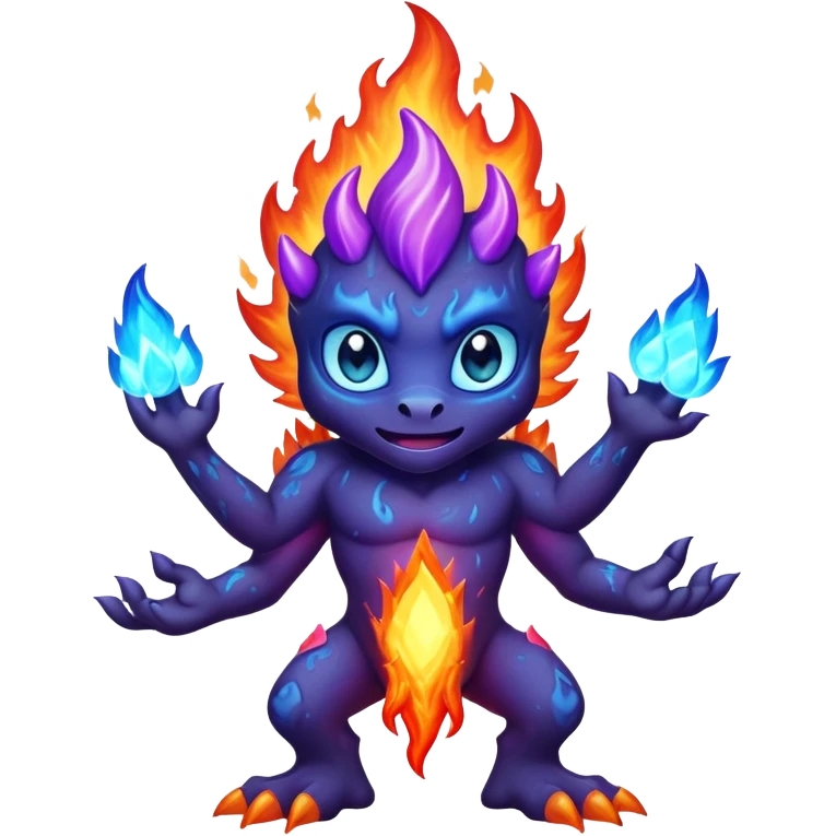 a mystical fast lava creature without arms with molten lava on its head and some rocky shoulders, fire crystals, blue flames, fire legs, no background, purple flames, mystical eyes emoji