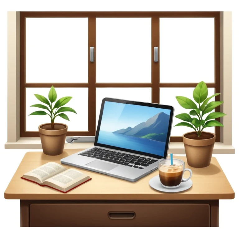 A desk by the window with summer sunshine in the background. On the desk, there is a laptop, a cup of iced coffee, and a small plant. An opened book is also present. emoji