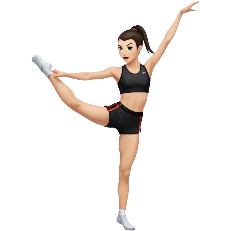 Melanie chisholm with a dark brown high ponytail wearing athletic attire doing a high kick emoji