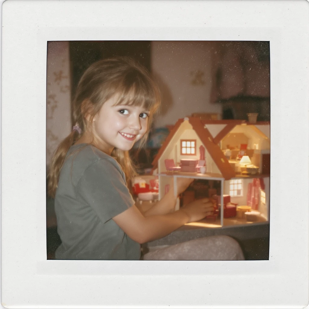 smiling girl arranging furniture in doll house emoji