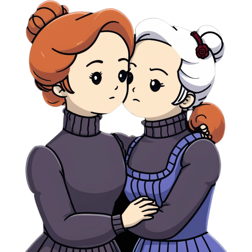 Two Victorian women with grey eyes in a sad, intimate hug. One has bright white coiffed hair, one has dark copper coiffed hair. Both wearing Victorian turtleneck dresses with arms tightly around each other. emoji
