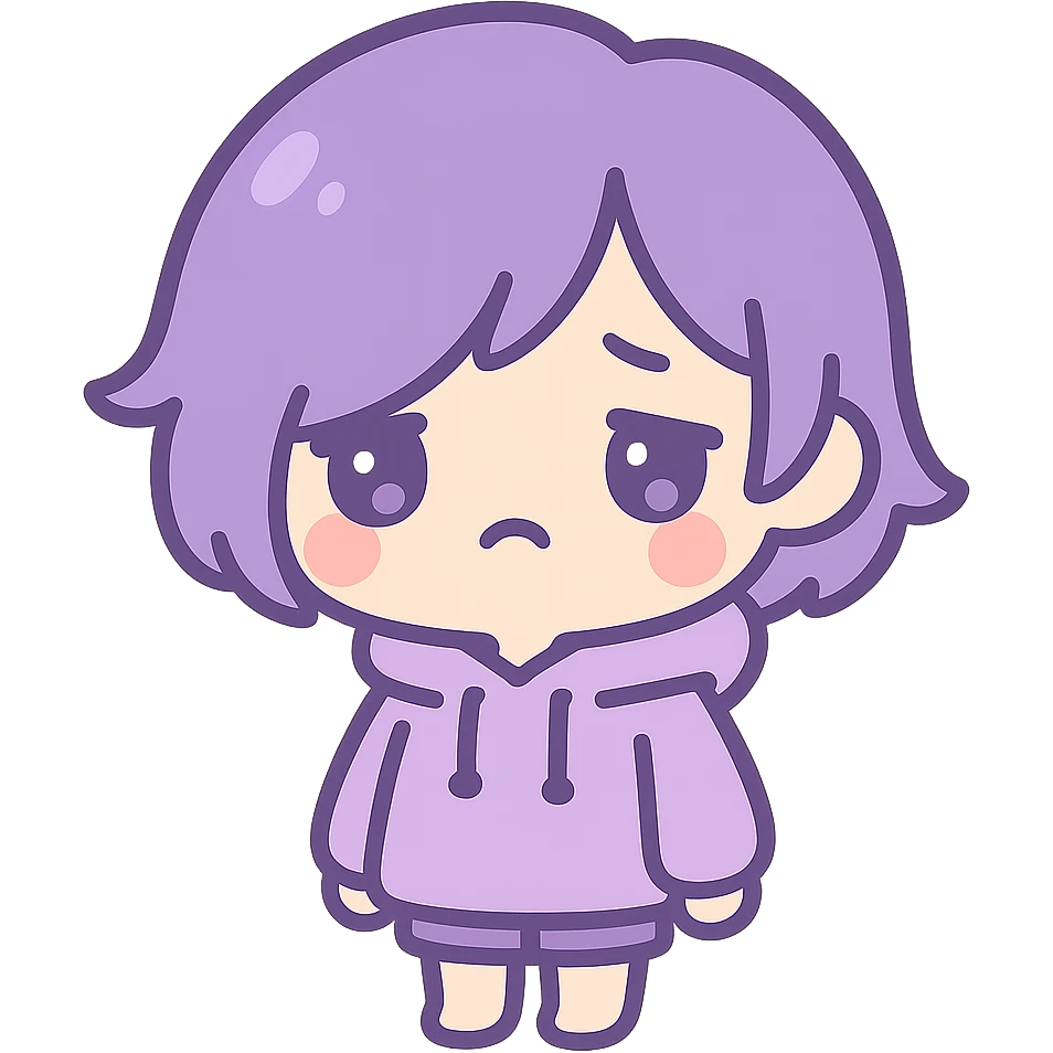 purple haired emo, cute chibi style, oversized hoodie, sad expression emoji