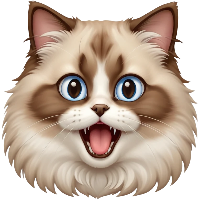 cinematic-adorable-big-eyed-fluffy-brown ragdoll-cat-portrait-emoji,-head-tilted-playfully-with-a-cute,-yawn,-white and brown fur,-simplified-yet-irresistibly-cute-features, blue eyes emoji