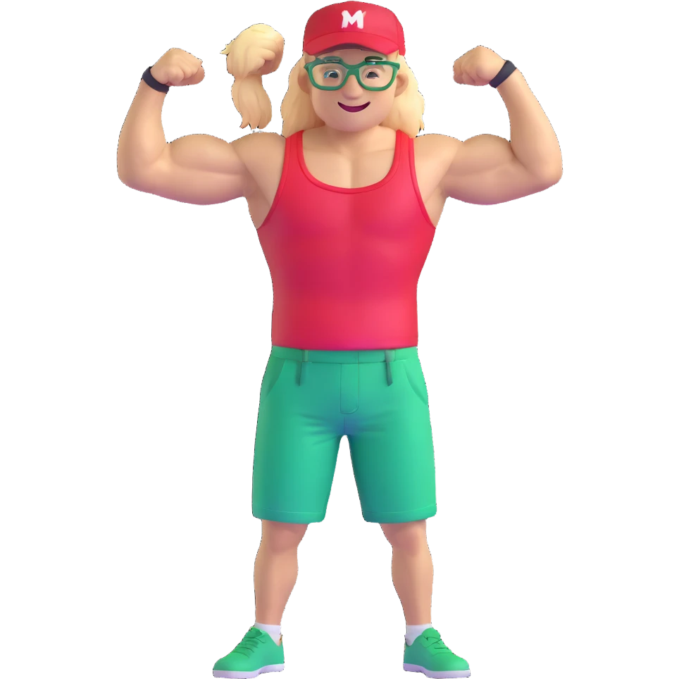 Man with black and white cap, bare torso, red shorts, clear glasses, messy light blond mullet hairstyle, smiling and flexing muscles emoji