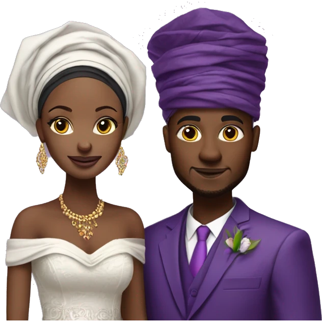 African bride and groom. Purple gele head wrap with purple off shoulder dress. Purple kente emoji