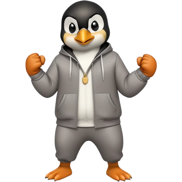 friendly anthropomorphised penguin wearing a mafia-style tracksuit, secretive scheming pose, angry expression, stomping while walking, holding a knuckle duster emoji