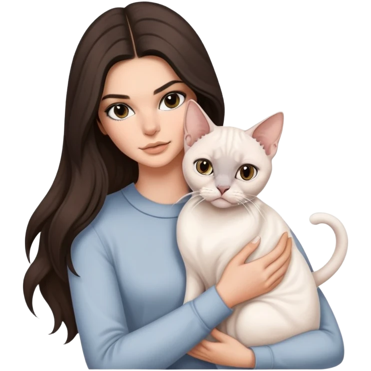 brunette Kendall Jenner with long hair holding on the hands a british white cat and a grey Sphynx emoji