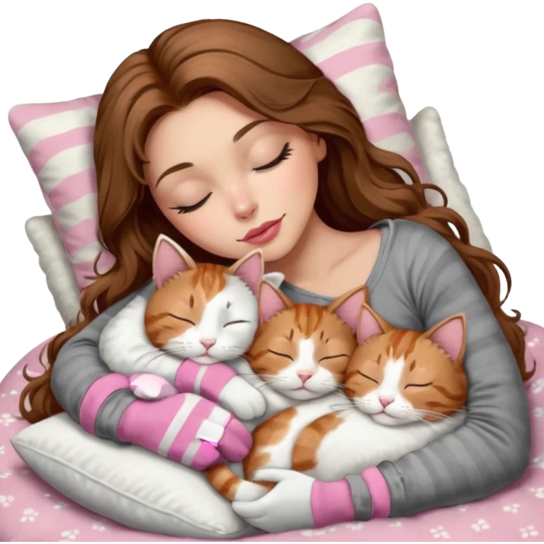 girl with long wavy brown hair, brown eyes, long lashes makeup, sexy pink lips, light to medium complexion,  sleeping on a cozy pillow, with 6 cats: 1 brown and white tabby cat, 1 ginger and white, 2 grey and white, 1 grey has white mittens and small white patch on its chest and 1 calico, sleeping emoji