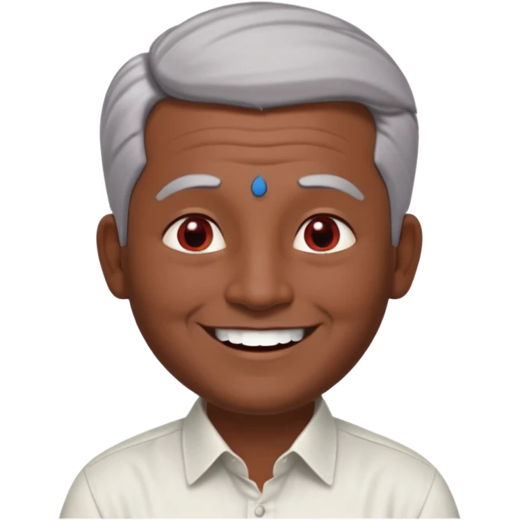 50 yr old indian man, dark skin, grey hair, big smile, white teeth, chubby, no moustache, clean shaven, young style hair, hair brushed back, 5 oclock shadow, bindy, dress shirt, forehead dot, chubby, religious, red dot, fancy hair, red dot emoji