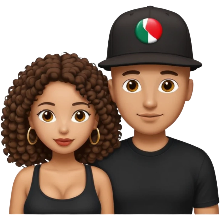 A picture of a loving tanned couple. the guy is Mexican, with a bald hair cut and he has a SnapBack hat on. The girl is mixed, the girl is wearing a black shirt, the girl has brown curly big hair and the girl has big boobs  emoji