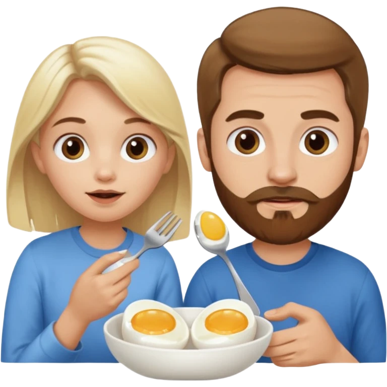 White blonde girl and white man with brown hair and brown facial hair eating eggs  emoji