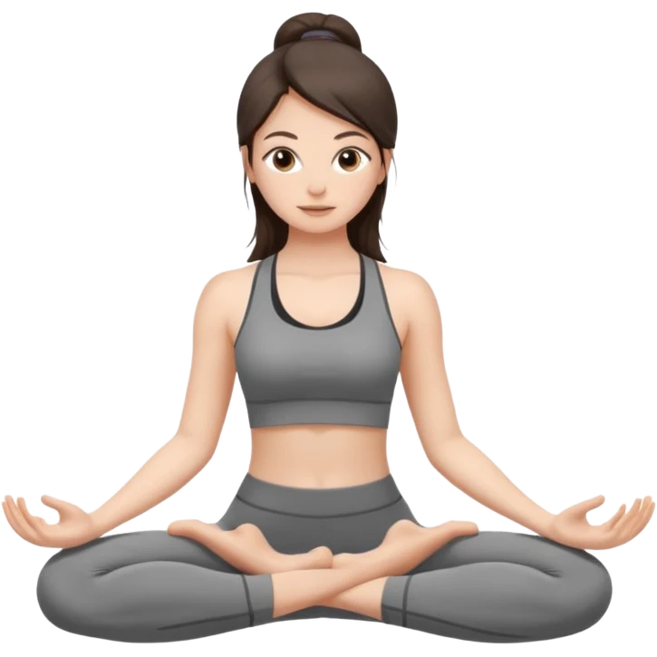 a brunette girl doing yoga, she is wearing a grey fit and she has dark straight and loose hair.  emoji