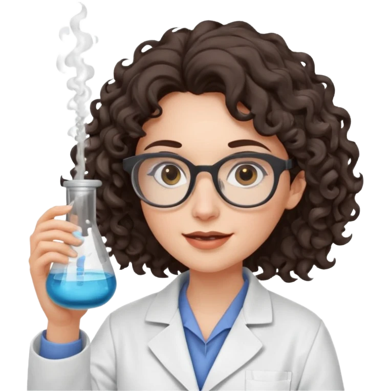 A crazy female scientist, with curly dark brown hair, brown eyes and grey glasses and pale skin  emoji