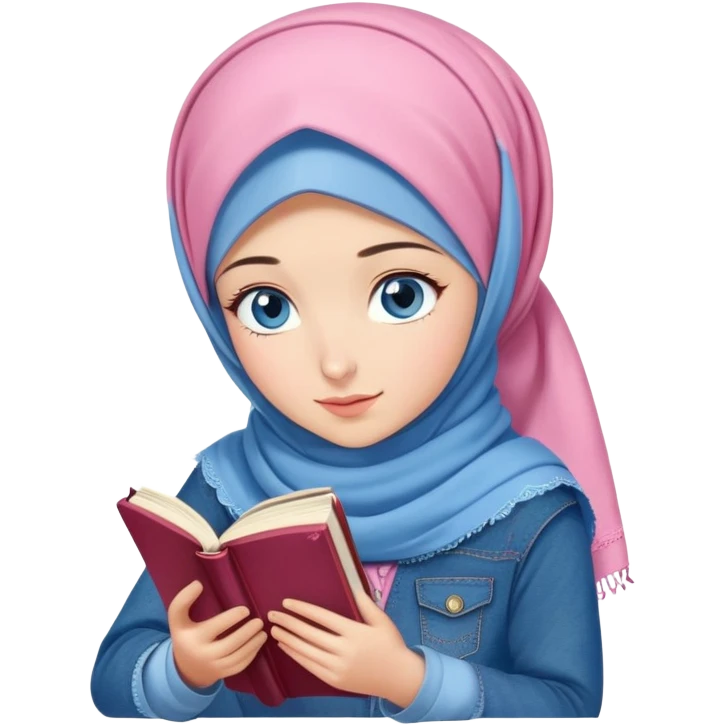 Turkish beautiful finish Konya girl blue eyes with denim and pink hijab islamic dress and reading cozy emoji