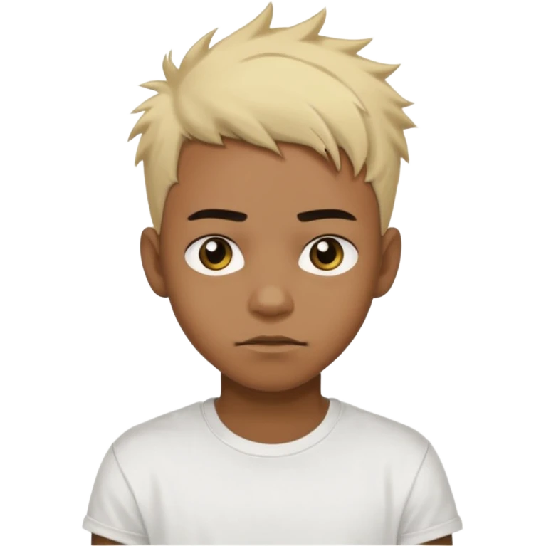 Black Male Teenager with Short punk messy blonde hair, Dark brown bushy eyebrows large expressive golden-brown eyes, wearing a plain white t-shirt, Dark Brown skin color. emoji