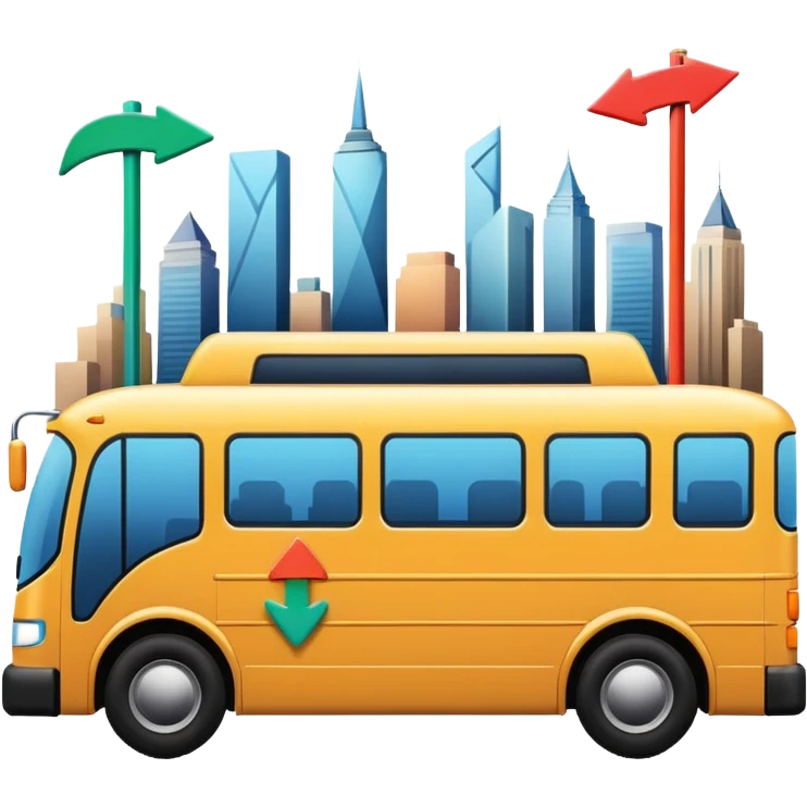 bus from a slight angle with three directional colorful arrows pointing to city icons, no skyline emoji