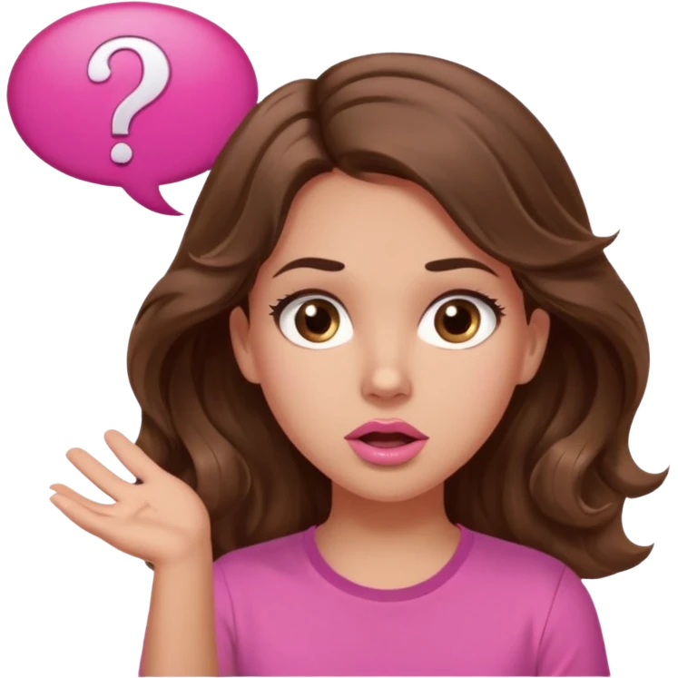 girl with long wavy brown hair, brown eyes, light to medium complexion, in a pink shirt, pink lips, long lashes, shugging, question mark one speech bubble emoji