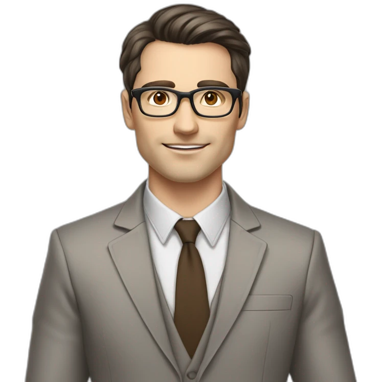 Pale skinned fit man with dark brown hair in gray jacket, beige office shirt, brown tie, brown pants and vintage glasses Writing on the marker board emoji
