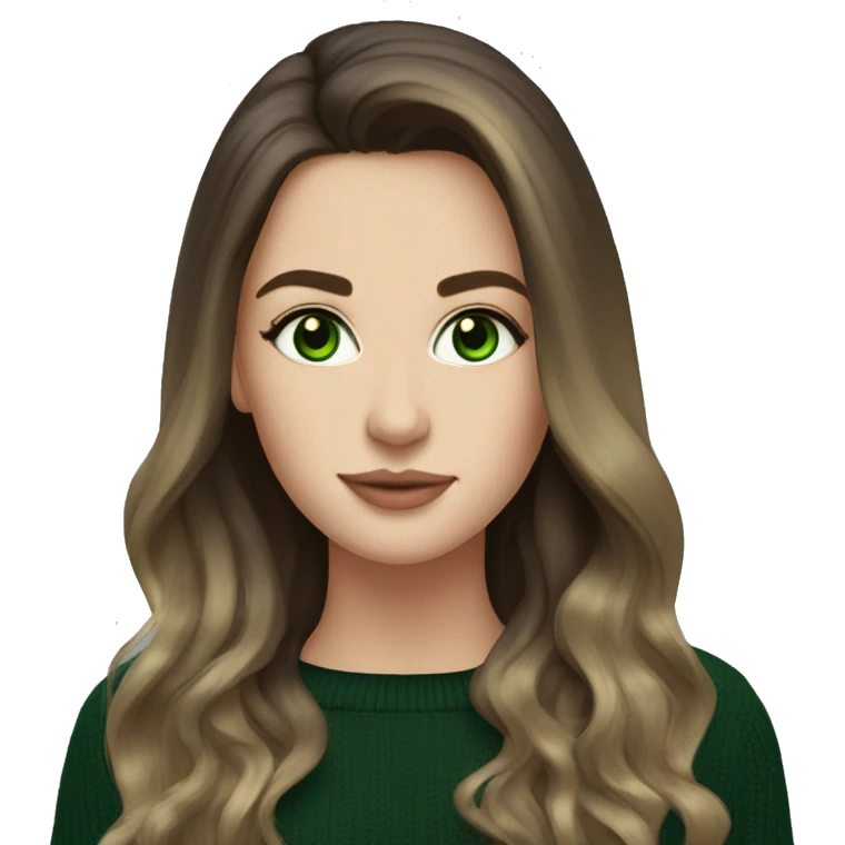 Brunette balayage long hair white woman green eyes black sweater emoji