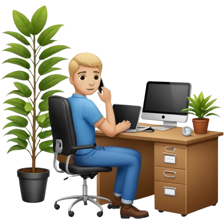 imagen de oficina con escritorio, silla, notebook, agenda y una plata con un cartel que diga FUERA DE OFICINA emoji