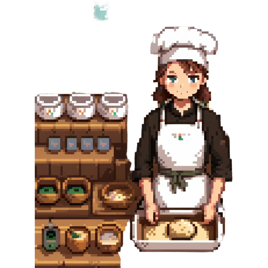 A young apprentice baker in a cozy, old-fashioned bakery. Surrounded by wooden countertops, cast iron baking trays, and a stone oven. His apron is dusted with flour, and analog timers tick beside handwritten recipe cards. The scene is textured with aged wood, metal, and soft fabric. emoji