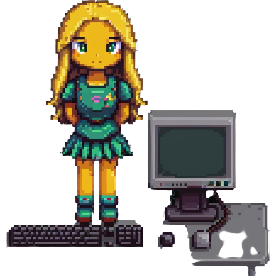 chica con computadora sentada frente a la pantalla, detalles de píxeles emoji