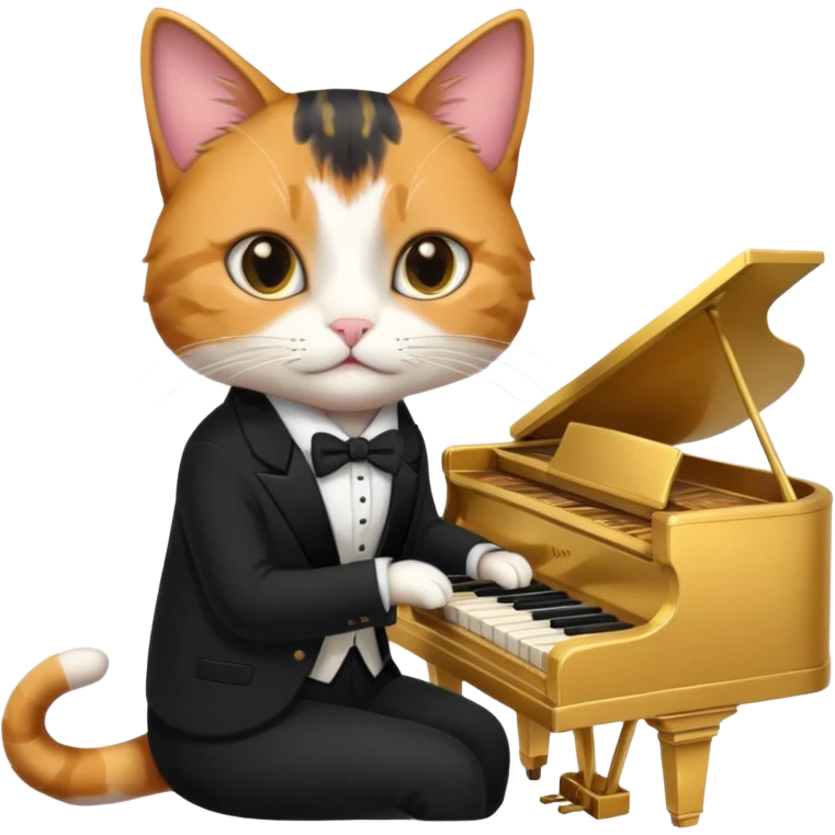 calico cat play gold piano, wear black suit, portrait emoji