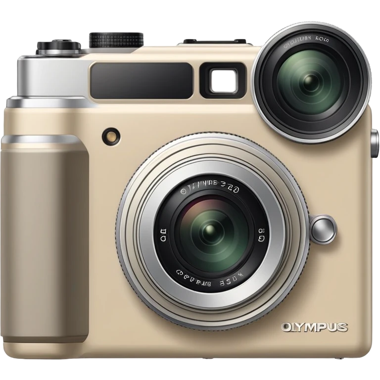 Extremely minimal Olympus Superzoom 70G camera, grayish-beige color, very simplified design with only essential elements, basic rectangular shape, minimal indication of lens, clean flat style with almost no details emoji