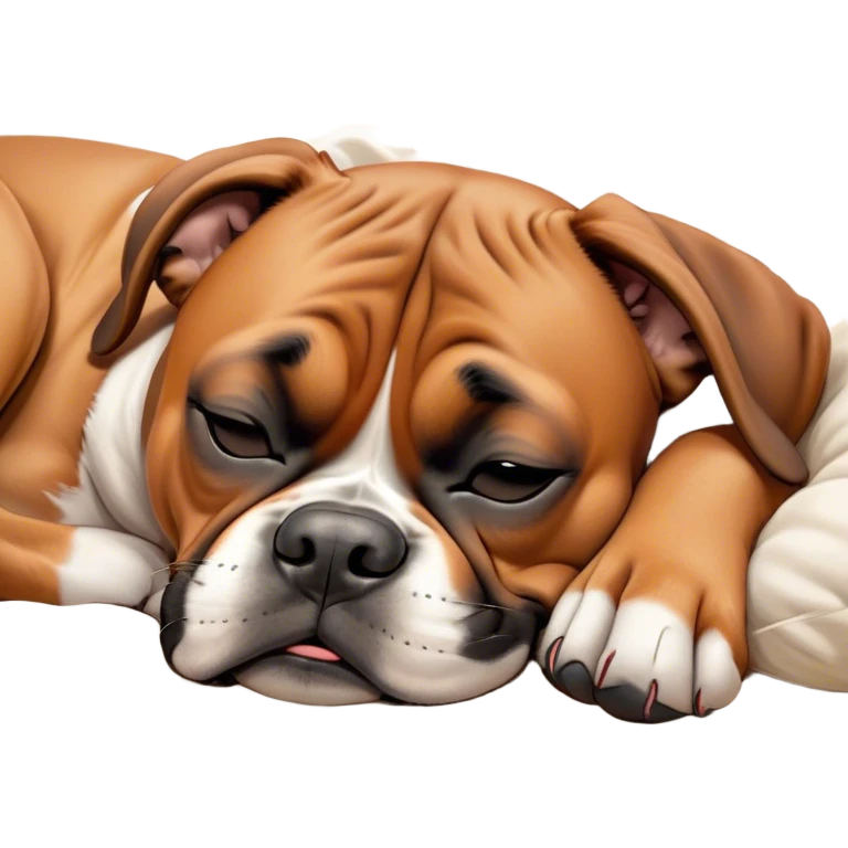 Meme-Worthy cute Sleeping Boxer dog Portrait Emoji, Head resting peacefully with a contented smile, showcasing a delightfully cute build and a luxuriously soft fawn fur, eyes shut in a serene nap, Simplified yet hilariously adorable features, highly detailed, glowing with a soft, drowsy light, high shine, relaxed and utterly lovable, stylized with an air of playful laziness, bright and heartwarming, soft glowing outline, capturing the essence of a comically sleepy Boxer, so meme-worthy it feels like it could instantly become the next viral sensation of adorable slumber! emoji