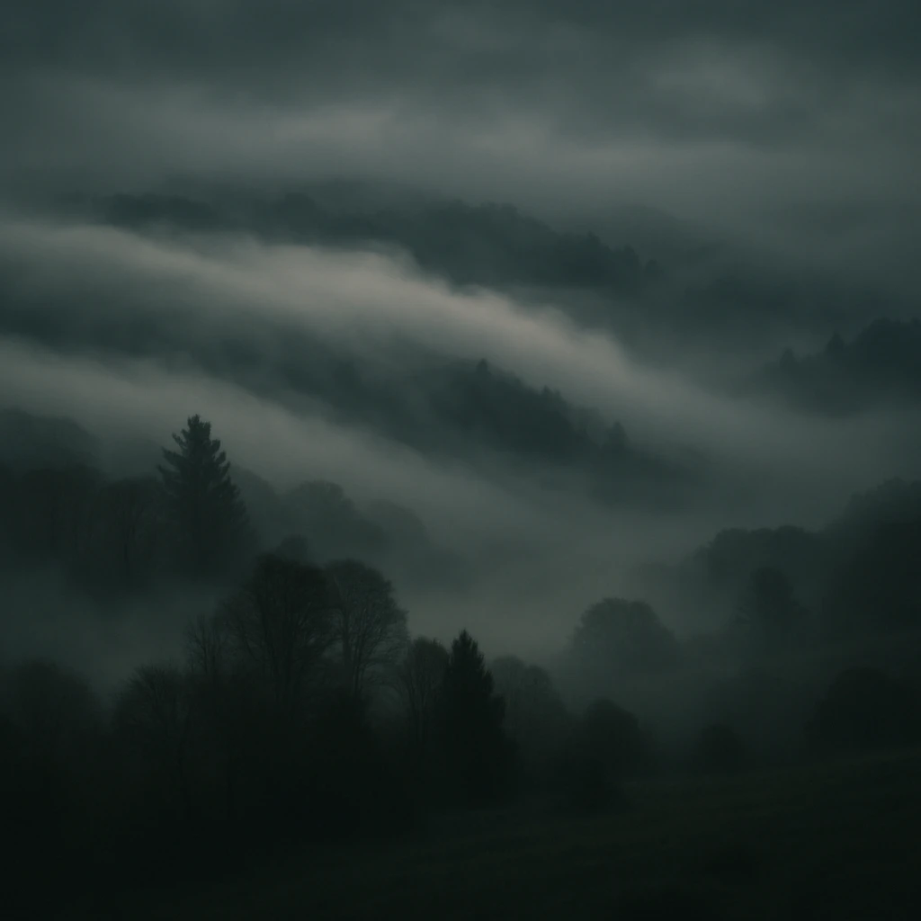 A thick, rolling bank of mist, enveloping a landscape, with soft edges and a moody, cinematic atmosphere. emoji