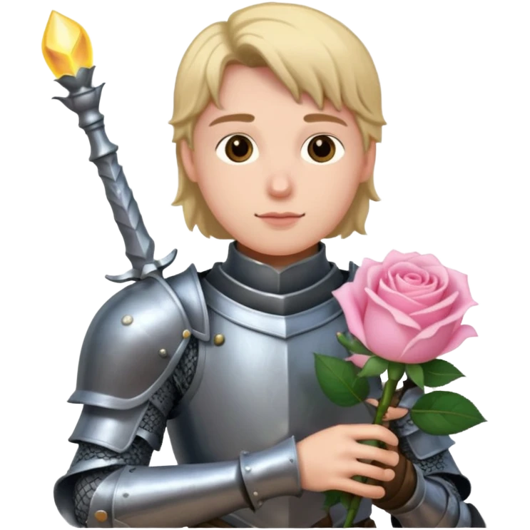 A knight in armor holding a light pink rose  emoji