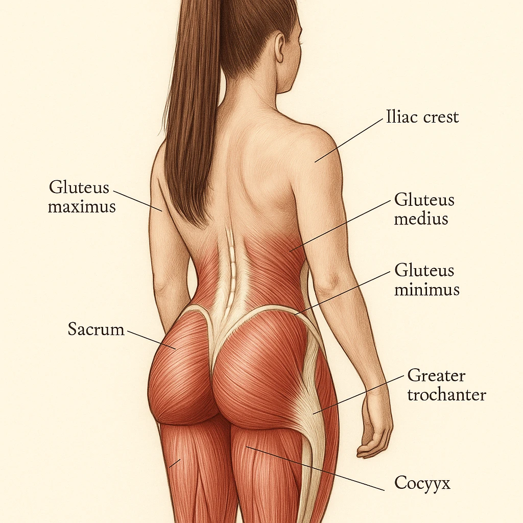 Create a realistic anatomical view of the female gluteal region identical in posture, proportions, and hair to the reference photo. Highlight the gluteal muscles (gluteus maximus, medius, minimus) and main anatomical structures in a medical illustration style with a neutral background. emoji