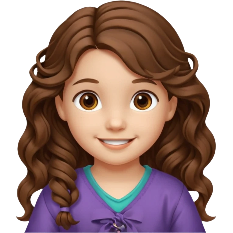 EMOJI COMO LOS DEL IPHONE IOS. SOLO CARA NIÑA, SIN EL CUELLO. 3 AÑOS. PELO LARGO, ONFULADO, MARRON SEMIRECOGIDO, Y OJOS MARRONES. SONRIENDO, Y FONDO TRANSPARENTE emoji