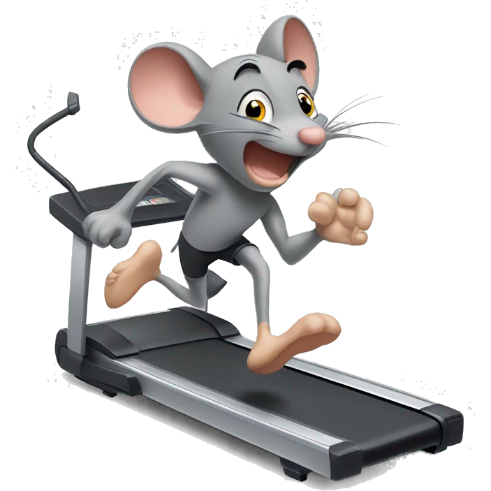a grey mouse running flatout on a treadmil with sweat pouring off of his forehead.  emoji