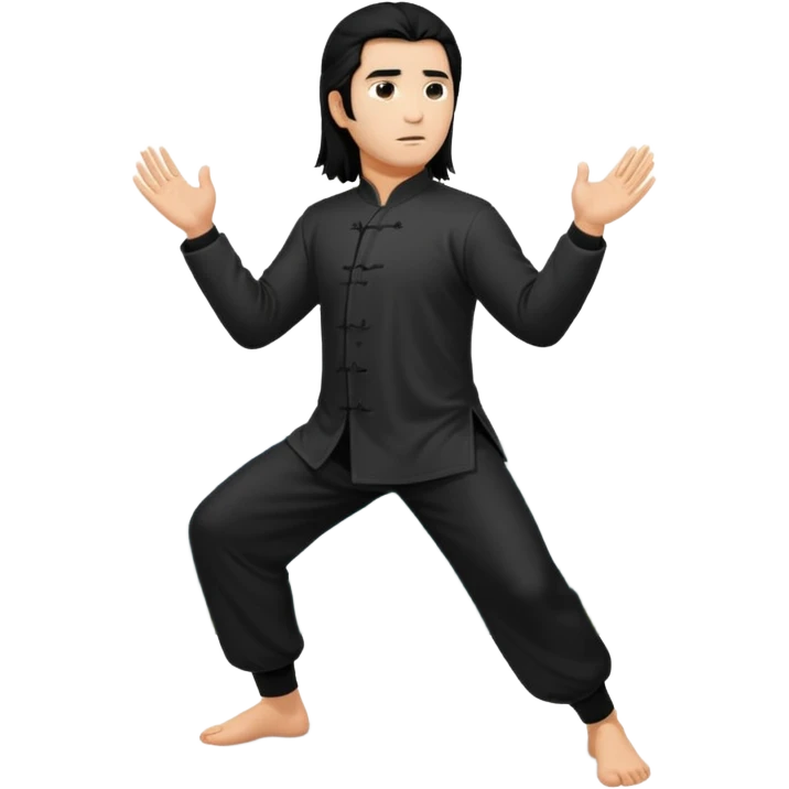 homme au cheveux long qui pratique le qi gong, en habits noirs ou blancs, qui pousse la montagne emoji