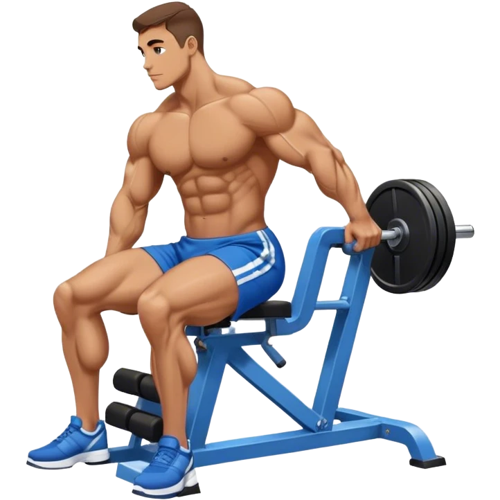 side-view bodybuilder in blue shorts seated weighted calf-raise machine on his tip toes emoji