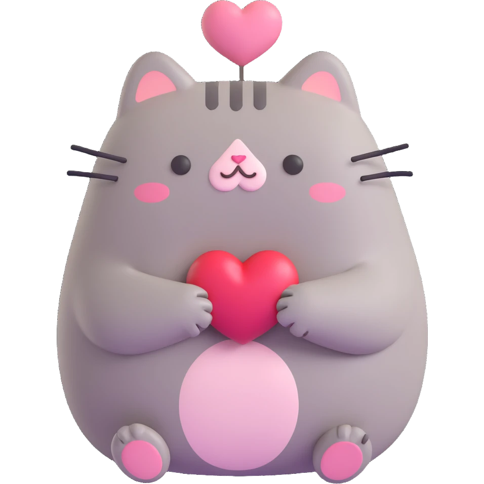 Pusheen the cat with heart eyes, 3D, blushing, adorable emoji