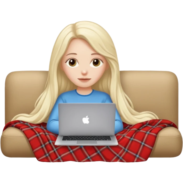 A white girl lies on a sofa under a blanket with a laptop emoji